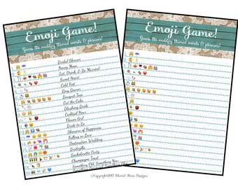 Bridal Shower Emoji Game  - Fun Unique Games DIY PDF Wedding Personalized Teal Wood Burlap Lace Rustic Succulent Theme Emoticon Pictionary