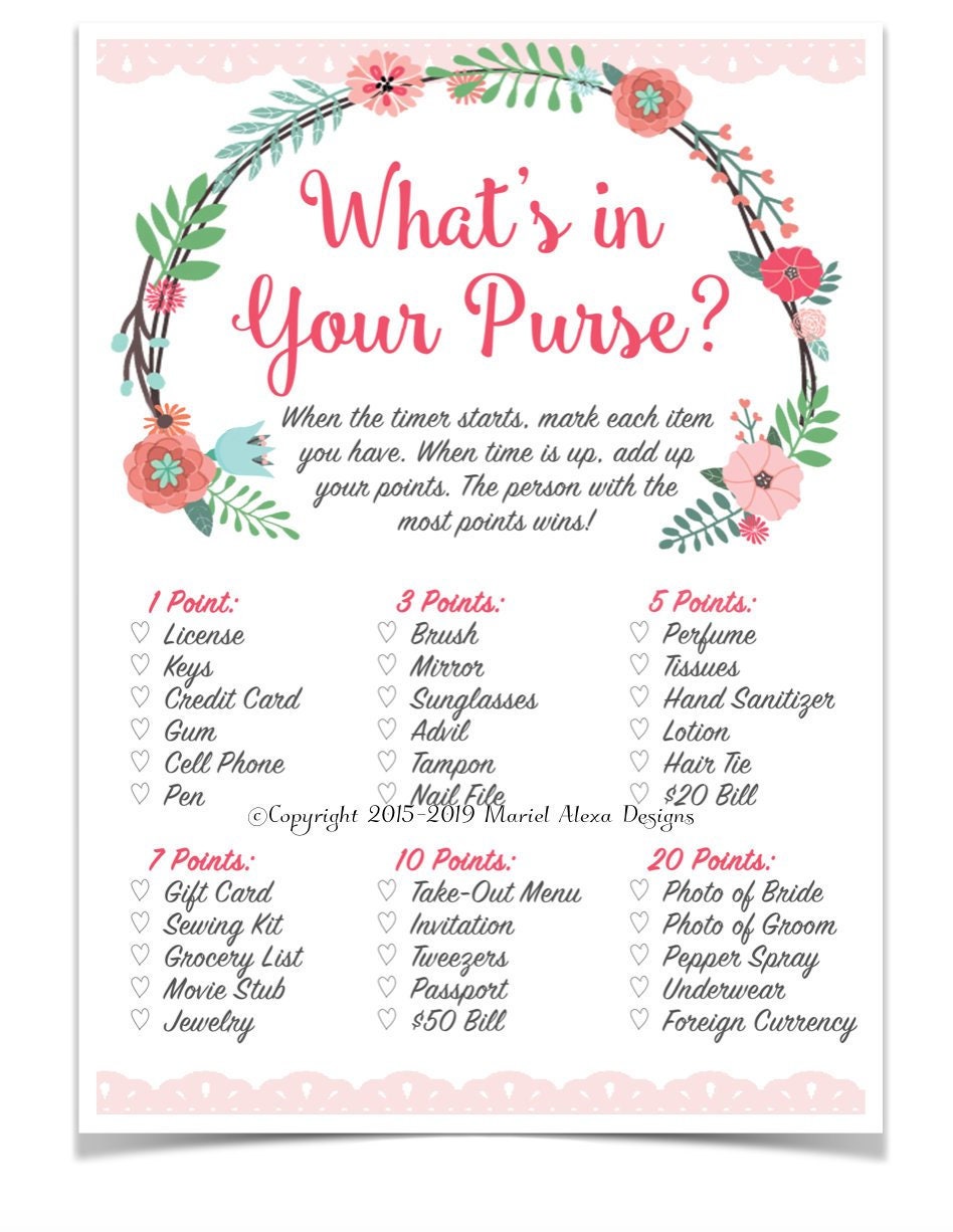 Bridal Shower Game What's in Your Purse Bag Search Fun Etsy Nederland