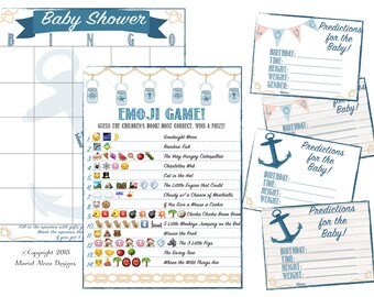 Special - Nautical Themed Baby Shower Game Pack Printable - Emoji Game  - BINGO - Baby Prediction Cards - Fun Unique DIY Blue Anchor