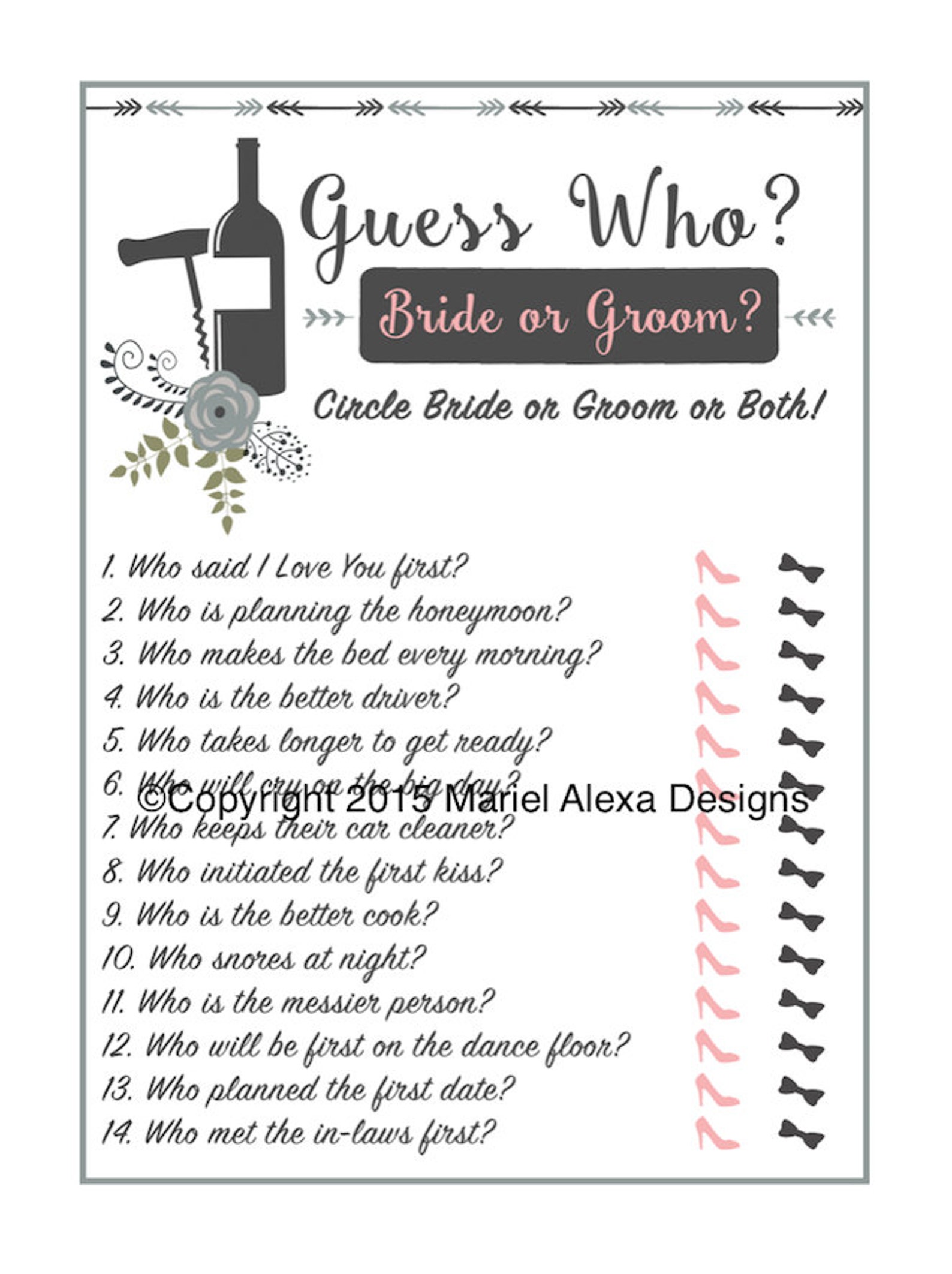 Guess Who Bride or Groom Bridal Shower Game Instant Download Fun Unique Games DIY PDF Wedding