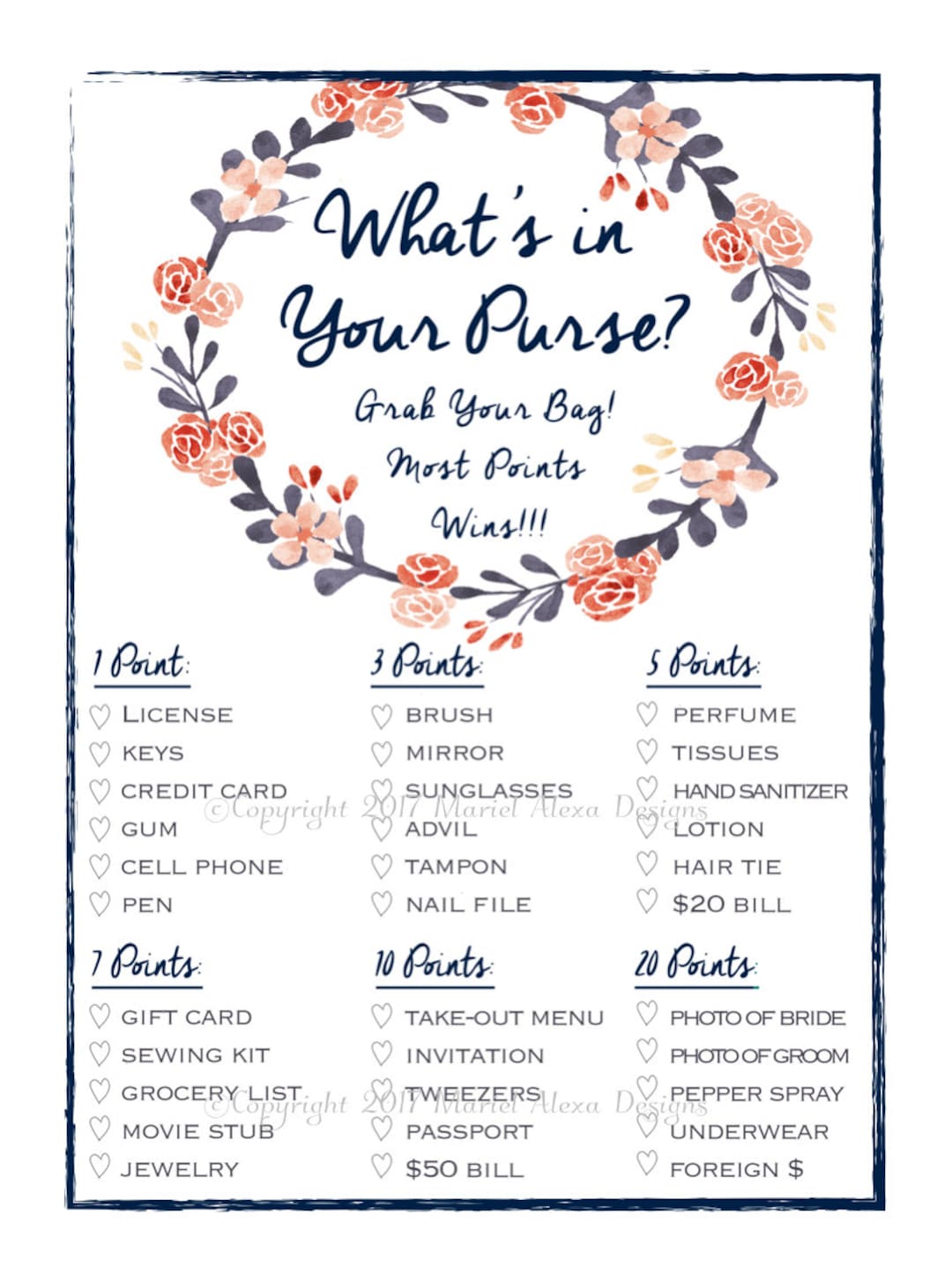 bridal-shower-game-what-s-in-your-purse-bag-search-fun-unique-games-diy-pdf-wedding-personalized-fall-navy-burgundy-gold-floral-theme-etsy