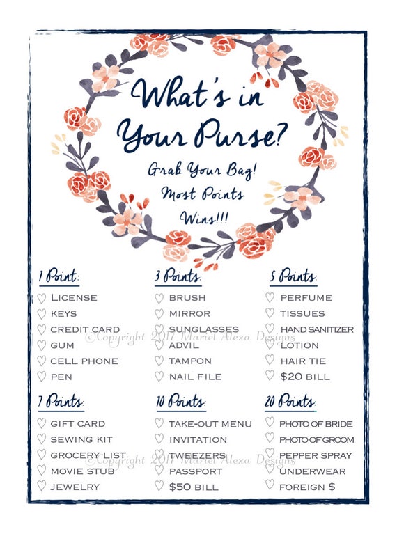 25 Floral Whats In Your Purse Bridal Wedding Shower or Bachelorette Party  Game Item Cards Engagement Activities Ideas For Couples Funny Flower  Rehearsal Dinner Supplies and Decoration Favor For Guests : Amazon.in: