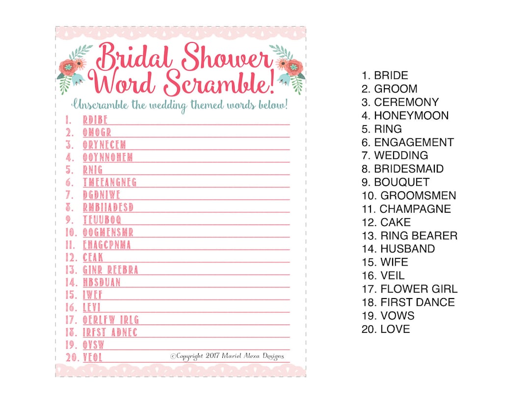 Bridal Shower Word Scramble Game - Fun Unique Games DIY PDF Wedding Personalized Pink Mint Coral Floral Theme Printable Word Jumble - Etsy bridal-shower-word-scramble-game-fun-unique-games-diy-pdf-wedding-personalized-pink-mint-coral-floral-theme-printable-word-jumble-etsy