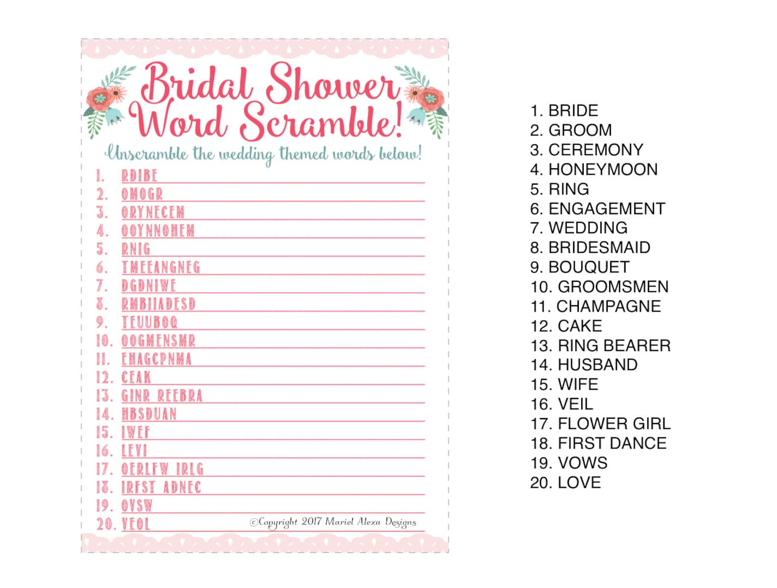 Bridal Shower Word Scramble Game - Fun Unique Games DIY PDF Wedding ...