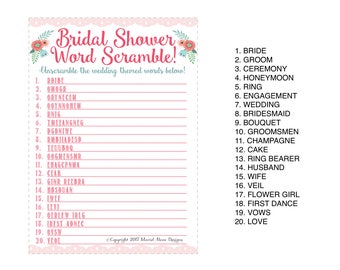 Bridal Shower Word Scramble Game  - Fun Unique Games DIY PDF Wedding Personalized Pink Mint Coral Floral Theme Printable Word Jumble