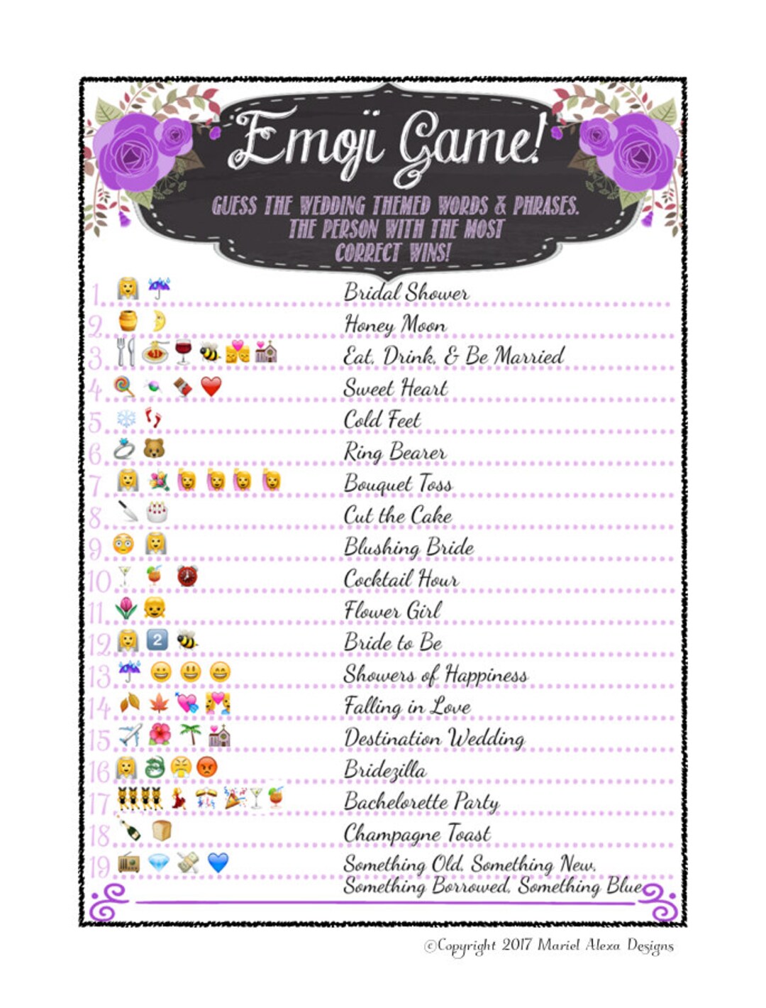 Bridal Shower Emoji Game Fun Unique Games DIY PDF Wedding Personalized Chalkboard Purple Floral Bridal Shower Emoji Game Fun Unique Games DIY PDF Wedding Personalized Chalkboard Purple Floral