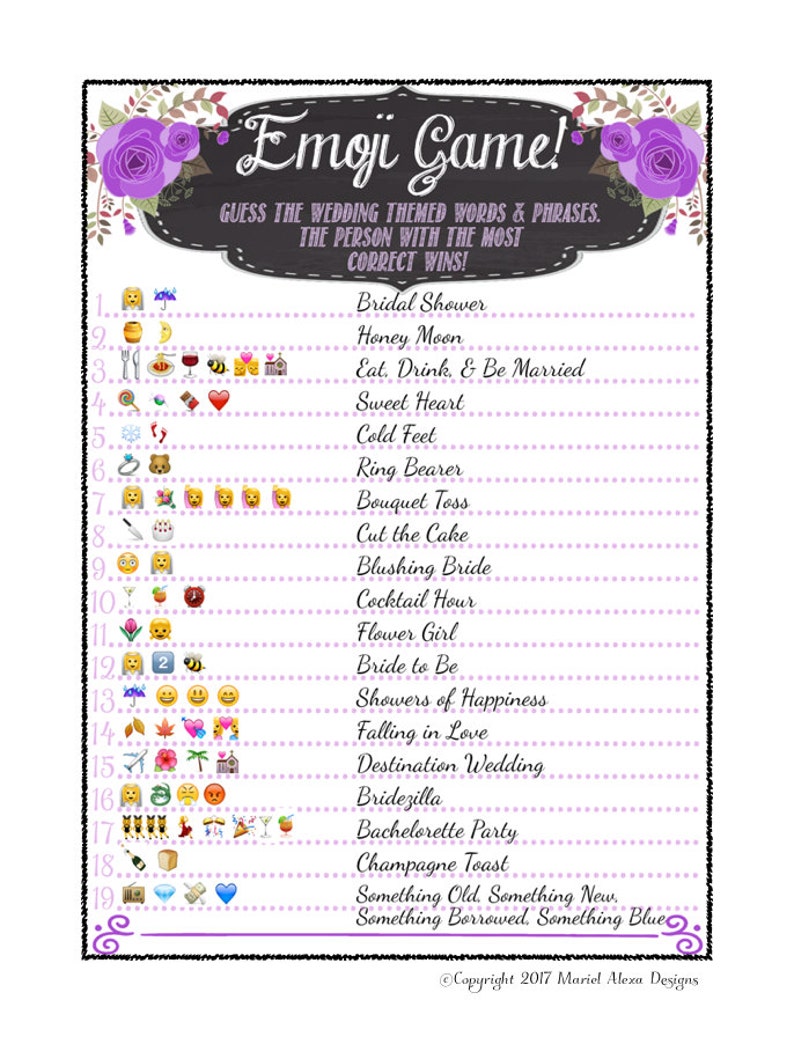 Bridal Shower Emoji Game Fun Unique Games DIY PDF Wedding Personalized Chalkboard Purple Floral Bridal Shower Emoji Game Fun Unique Games DIY PDF Wedding Personalized Chalkboard Purple Floral