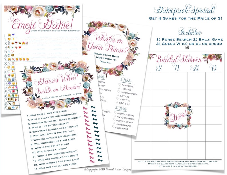 Bridal Shower Game Pack Fun Unique Games DIY PDF Wedding Personalized