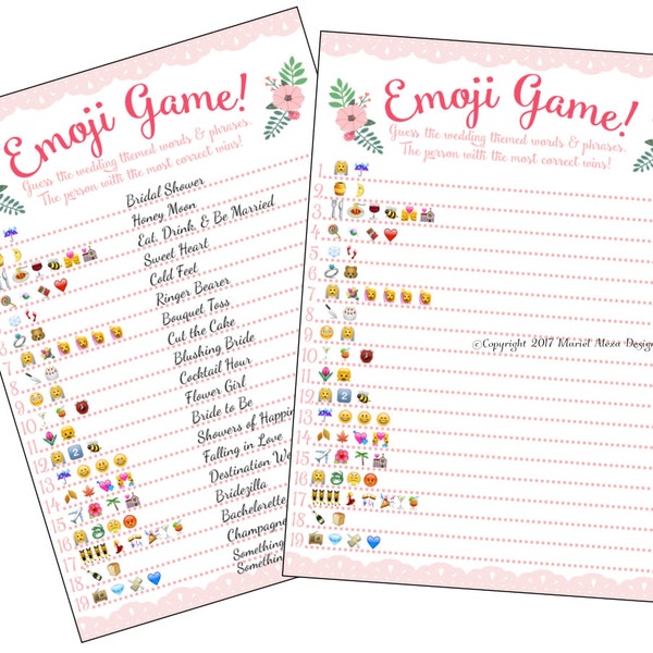 Bridal Shower Emoji Game  - Fun Unique Games DIY PDF Wedding Personalized Watercolor Pink Floral Garden Flower Theme Emoticon Pictionary