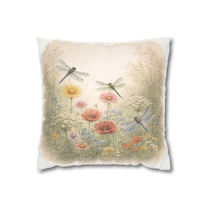 Dragonfly Meadow Floral Pillowcase Faux Suede Square Pillow Cover Sofa Vintage Wildflower Boho Scene Couch Throw Pillow Living Room Bedroom