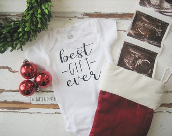 Baby announcement, best gift, ever, Christmas pregnancy announcement, winter pregnancy reveal, Christmas bodysuit