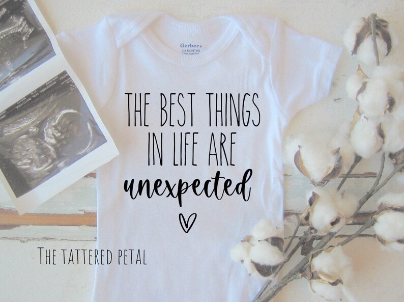 Surprise pregnancy announcement Onesie®, baby announcement, the best things in life are unexpected, best surprise ever, pregnancy reveal image 1