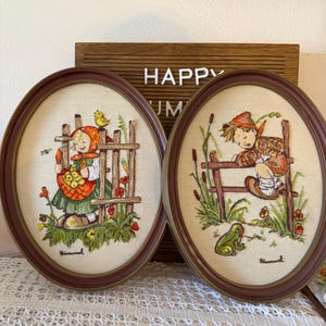 Vintage Paragon Needlecraft Hummel Embroidery – Set of 2 Oval Framed Crewel Stitcheries