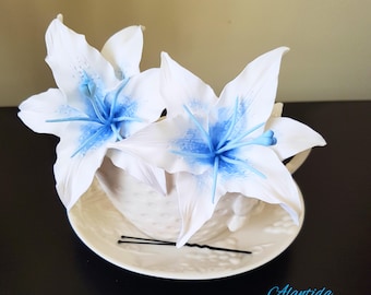 Wedding Hair Pin with White and Blue Lily Wedding Accessories Bridal Hair Pin with White Lily Bridal Hair Pin