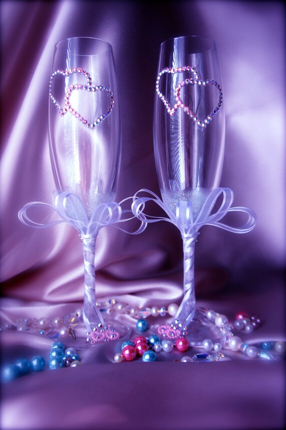 Wedding Swarovski Champagne Flutes Real Crystal Glasses Etsy
