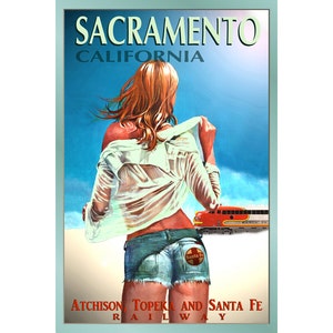SACRAMENTO California -Santa Fe Railroad Cartel Original Nuevo Tren Turismo de Viaje Pin Up Art Print 099