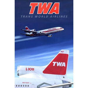 TWA Trans World Airlines Travel Poster Lockheed L-1011 Tri Star Retro 1980's Airplane Art Print 371