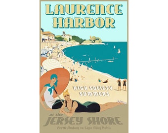 Laurence Harbor New Jersey Shore Retro Art Deco Travel Poster Atlantic Ocean Beach High Society Print 341