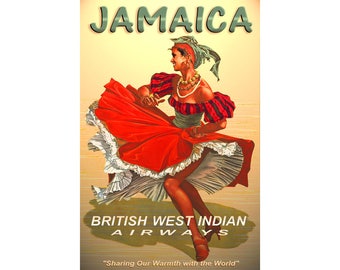 Jamaica British West Indian Airways New Retro Pinup Travel Poster Caribbean Islands Tropical Dance Art Print 121