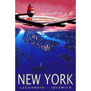 TWA New York Idlewild LaGuardia Constellation Retro Poster 1940's Trans World Airlines Lockheed Airplane Art Print 056