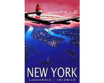 TWA New York Idlewild LaGuardia Constellation Retro Poster 1940's Trans World Airlines Lockheed Airplane Art Print 056