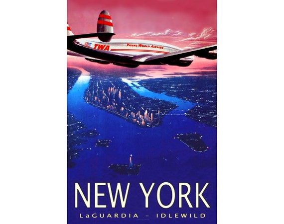 TWA New York Idlewild Laguardia Constellation Retro Poster 1940's