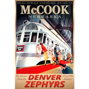 Op de afbeelding: Een vintage reisposter die reclame maakt voor de treindienst Denver Zephyrs. De poster toont een gestroomlijnde, zilveren trein met rode accenten en de tekst "DIESEL-POWERED STREAMLINED SERVICE TO MCCOOK NEBRASKA" bovenaan. De poster bevat ook de tekst "The National Park Line DENVER ZEPHYRS Way of the Zephyrs".