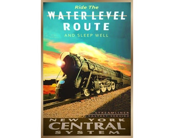 Op de afbeelding: Een vintage reisposter die reclame maakt voor de treindienst "Water Level Route" van de New York Central System. De poster toont een zwarte stoomlocomotief tegen een kleurrijke zonsondergang met de tekst "Ride The Water Level Route And Sleep Well".