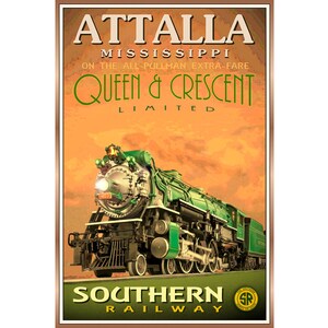 Attalla MS-QUEEN & CRESCENT Limited Railway Travel Poster New Orleans to Cincinnati Southern Railroad Train-4 sizes-Retro Art Print 228