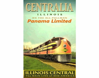 CENTRALIA Illinois Central Railroad PANAMA Limited Poster - in 3 sizes up to 24" x 36" -Original Retro Train Art Print 115