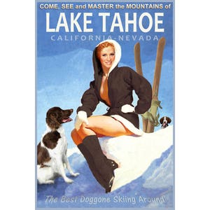 Lake Tahoe Califórnia Nevada Neve Esqui Esportes de Inverno Cartaz de Viagem Brittany Spaniels Sierra Nevada Mountains Art Print 328