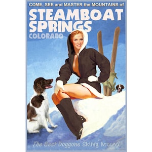 Steamboat Springs Colorado Neve Esqui Esportes de Inverno Cartaz de Viagem Brittany Spaniels Montanhas Rochosas Impressão Artística 328