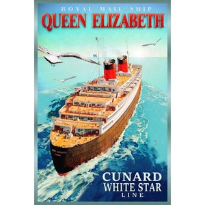 RMS Queen Elizabeth neue Retro Schiff Poster Cunard weiß Stern Ozean Liner Reisen Kunstdruck 365