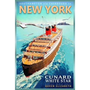 New York RMS Queen Elizabeth New Retro Ship Poster Cunard White Star Ocean Liner Travel Art Print 365