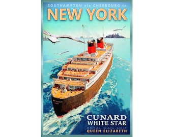 New York RMS Queen Elizabeth New Retro Ship Poster Cunard White Star Ocean Liner Travel Art Print 365