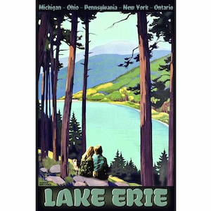 LAKE ERIE Retro Roger Broders Travel Poster New York Pennsylvania Ohio Michigan Ontario Boy Girl Dog Great Lakes Art Deco Print 372