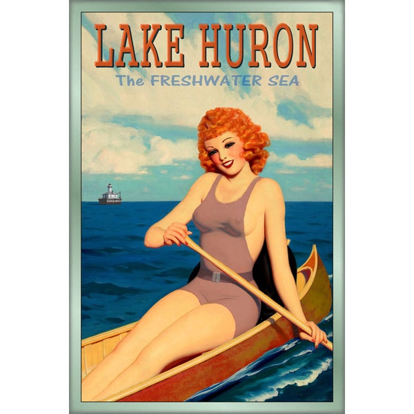 LAKE HURON Redhead Kanu Reisen Pin Up Poster Michigan Ontario Mackinac Süßwasser Meer Badeanzug große Seen Kunstdruck 243