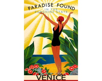 Venice Florida Travel Poster New Retro Roger Broders Cultural Coast Beach Pin Up Art Deco Print 314