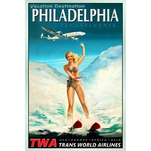 PHILADELPHIA Pennsylvania TWA Trans World Airlines Poster New Retro Waterski Pin Up Travel Art Print 127