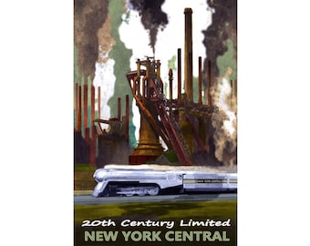 Op de afbeelding: Een vintage reisposter voor de 20th Century Limited trein, met een zilveren trein die door een rokerig industrieel landschap rijdt. De tekst op de poster luidt "20th Century Limited NEW YORK CENTRAL".