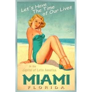 Miami Florida Gold Coast Beach pin up cartel de viaje tiempo de nuestras vidas nuevo retro Atlantic Shore Art Print 205