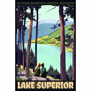 LAKE Superior Retro Roger Broders Travel Poster Michigan Minnesota Wisconsin Ontario Boy Girl Dog Great Lakes Art Deco Print 372