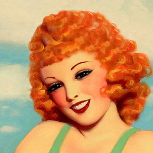 May include: A woman with bright red curly hair is smiling and looking to the side. She is wearing a green halter top and has a light blue sky in the background.