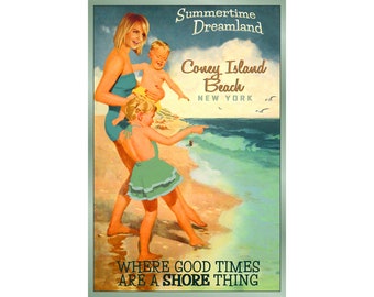 Coney Island Beach Brooklyn New York Poster New Retro Family Beach Empire State Travel Art Print 398