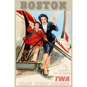 TWA Trans World Airlines Boston Massachusetts New Retro Mid-Century Style Travel Poster Judy Garland Liza Minnelli Toto Art Print 354