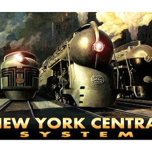 Op de afbeelding: Een vintage poster met drie zilveren en zwarte stoomlocomotieven met rode lichten. De locomotieven staan op rails voor een stadsbeeld. De tekst "NEW YORK CENTRAL SYSTEM" staat in gouden letters onderaan de poster.