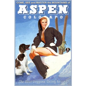 Aspen Colorado Neve Esqui Esportes de Inverno Cartaz de Viagem Brittany Spaniels Montanhas Rochosas Impressão Artística 328