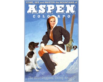 Aspen Colorado Snow Ski Winter Sports Travel Poster Brittany Spaniels Rocky Mountains Art Print 328