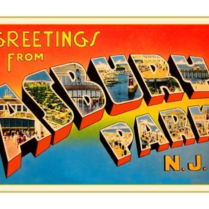 Saludos de ASBURY PARK New Jersey Shore Ocean Beach Poster New Retro Postcard Reproduction Boss Springsteen Album Cover Art Print 264