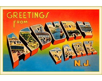 Greetings From ASBURY PARK New Jersey Shore Ocean Beach Poster New Retro Postcard Reproduction Boss Springsteen Album Cover Art Print 264